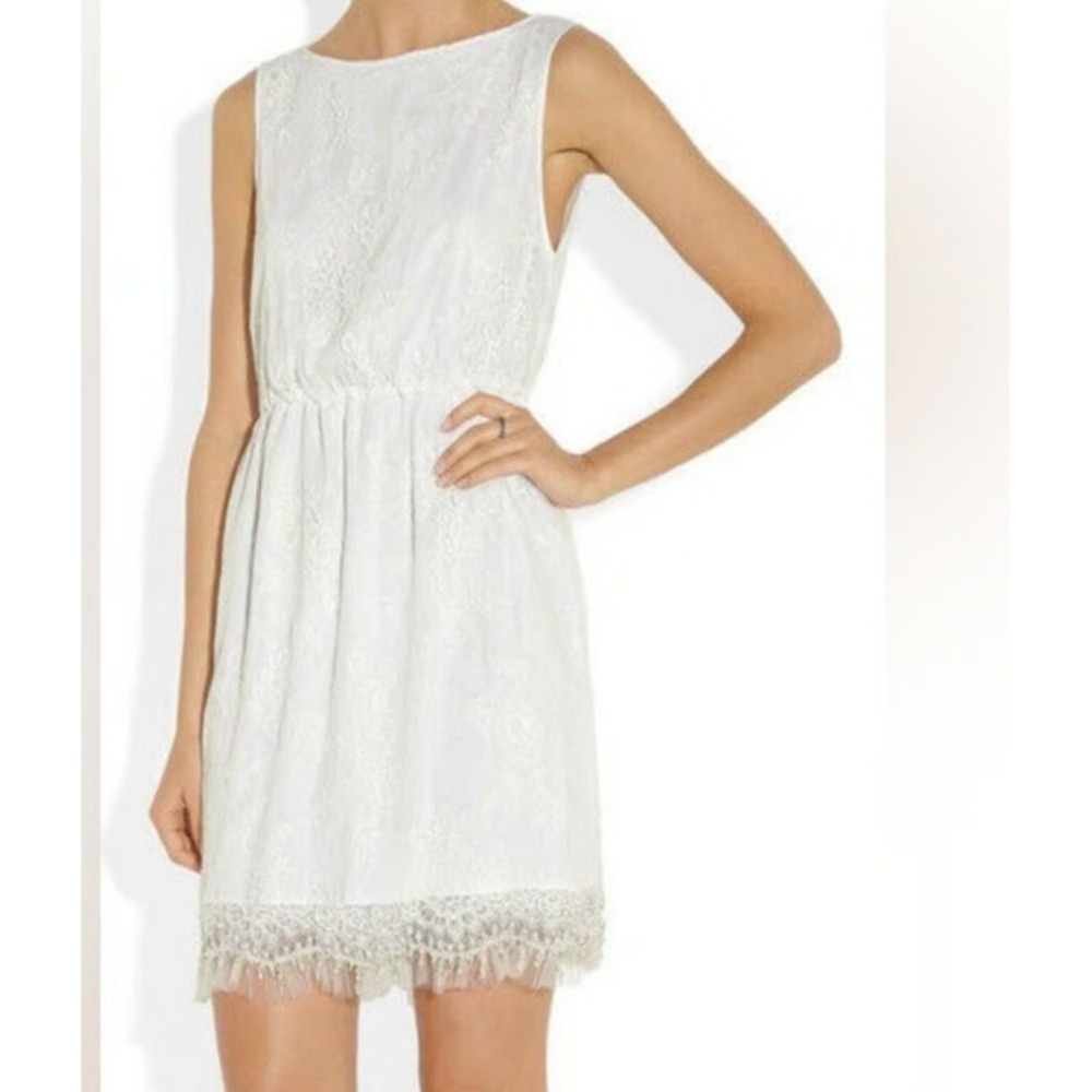 Alice + Olivia Denise Ivory Floral Lace Mini Above Knee Beaded‎ Hem Dress Sm NWT